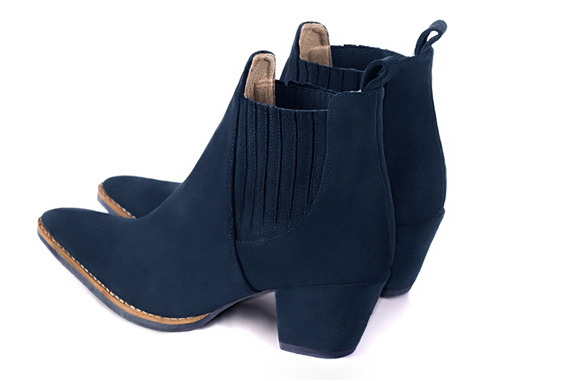 Navy blue women's ankle boots, with elastics. Tapered toe. Medium cone heels. Rear view - Florence KOOIJMAN